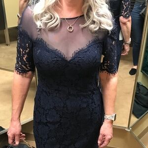 Eliza J Navy Mesh with Lace Overlay Formal Full Length Dress NWT Size 10
